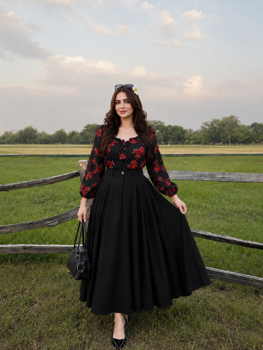 Floral printed shirt with black skirt