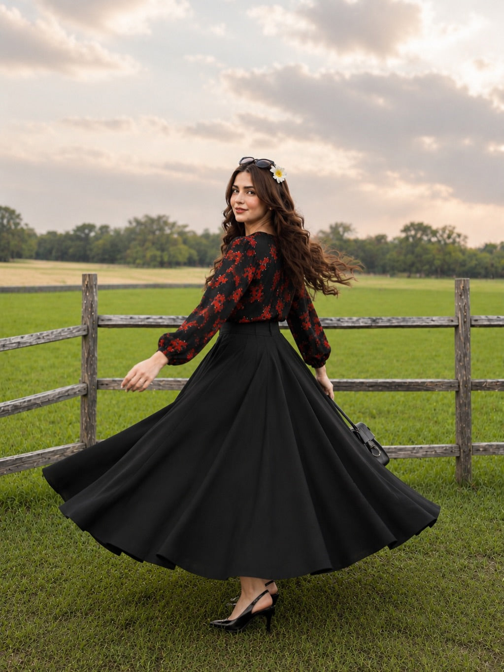 Floral printed shirt with black skirt