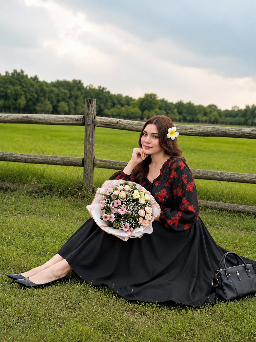 Floral printed shirt with black skirt