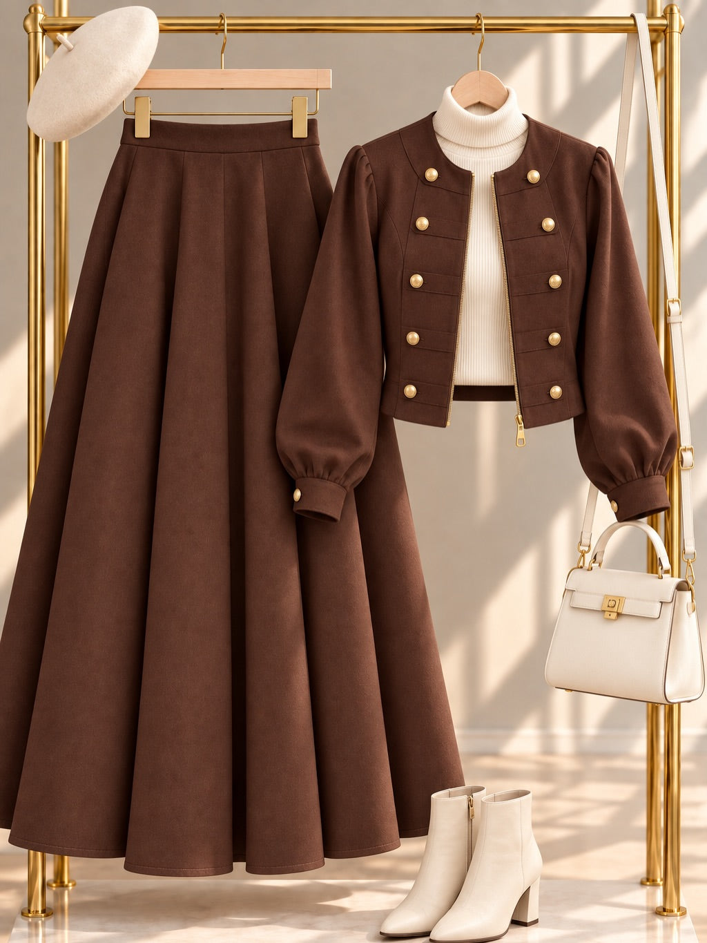 Cream crop jacket long skirt set