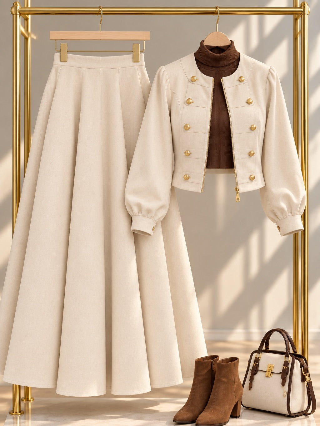 Cream crop jacket long skirt set