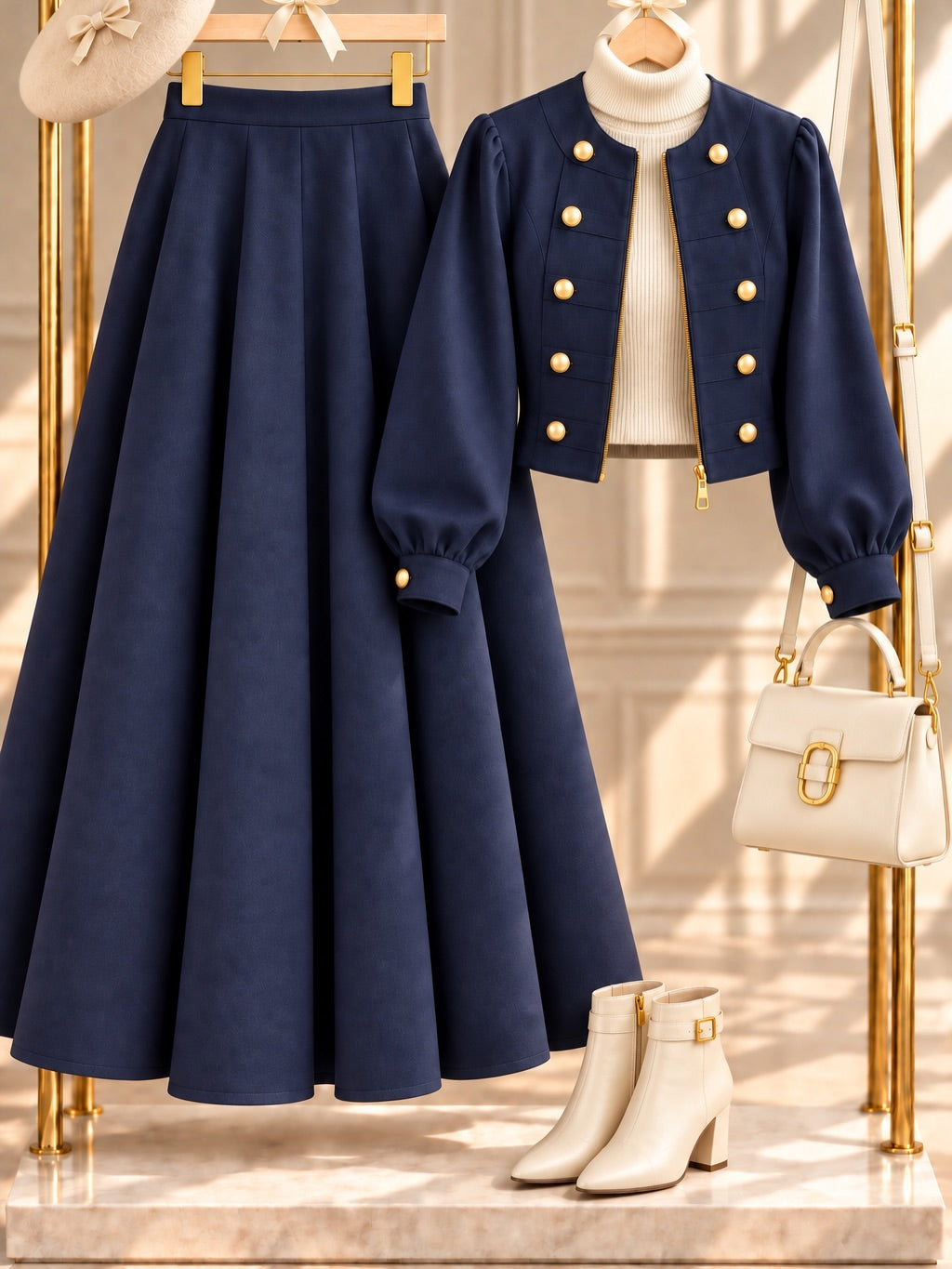 Cream crop jacket long skirt set