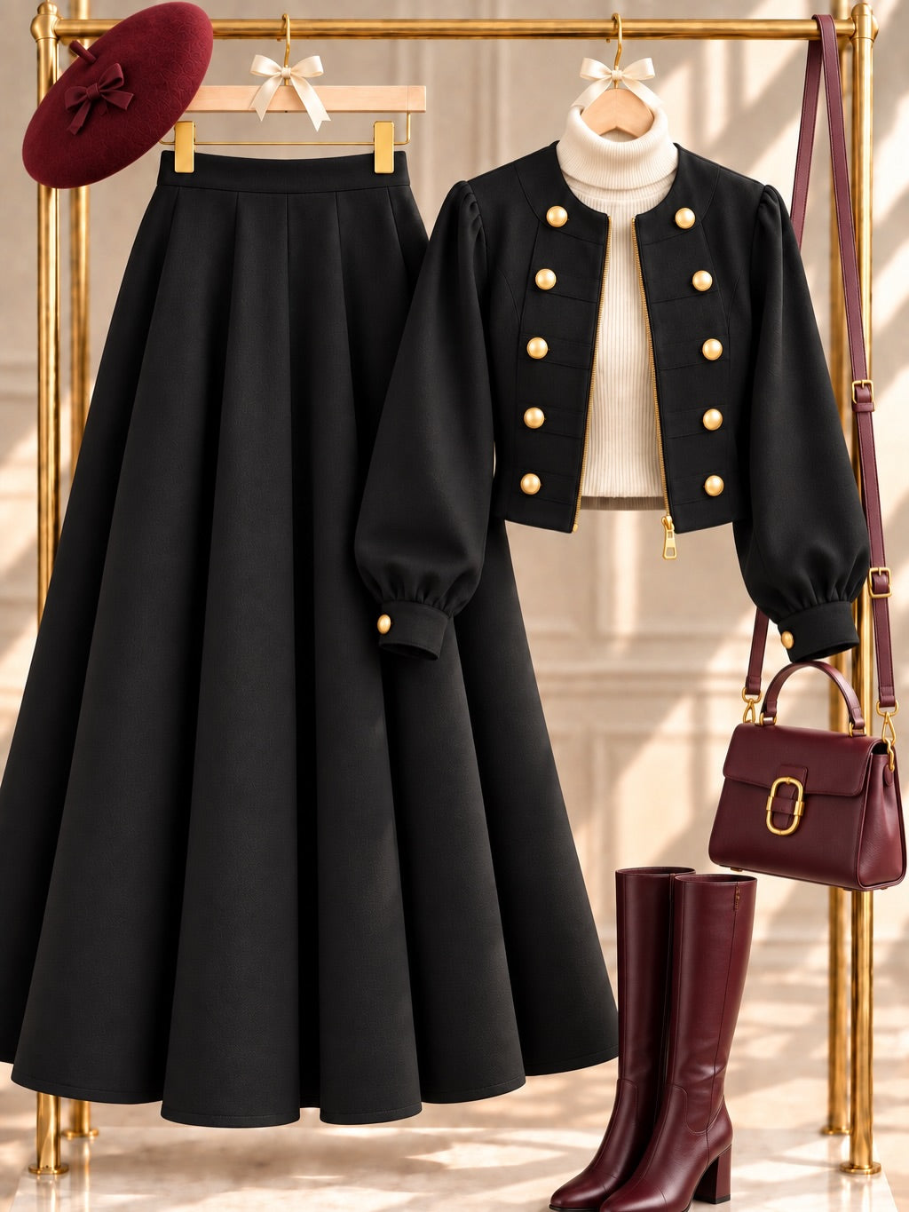 Cream crop jacket long skirt set