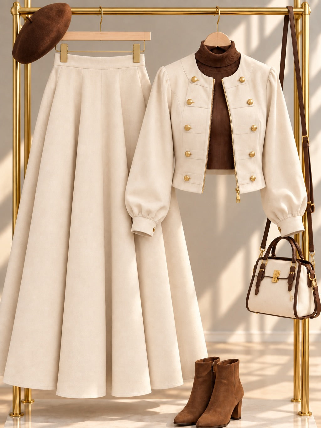 Cream crop jacket long skirt set