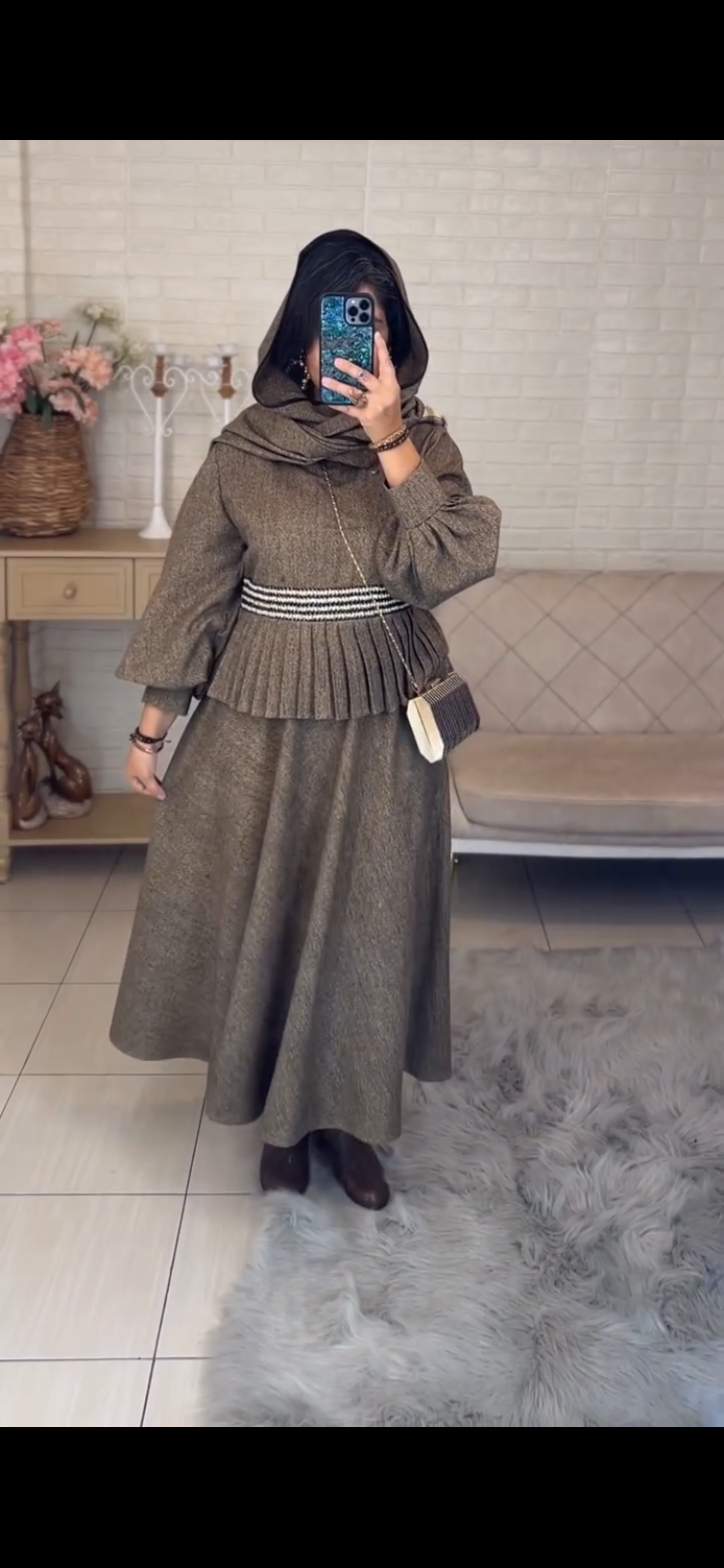 Woolen tweed hooded abaya style dress