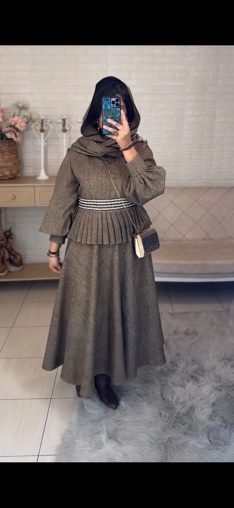 Woolen tweed hooded abaya style dress
