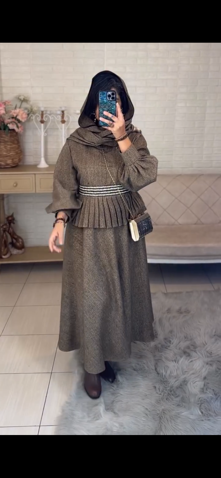 Woolen tweed hooded abaya style dress
